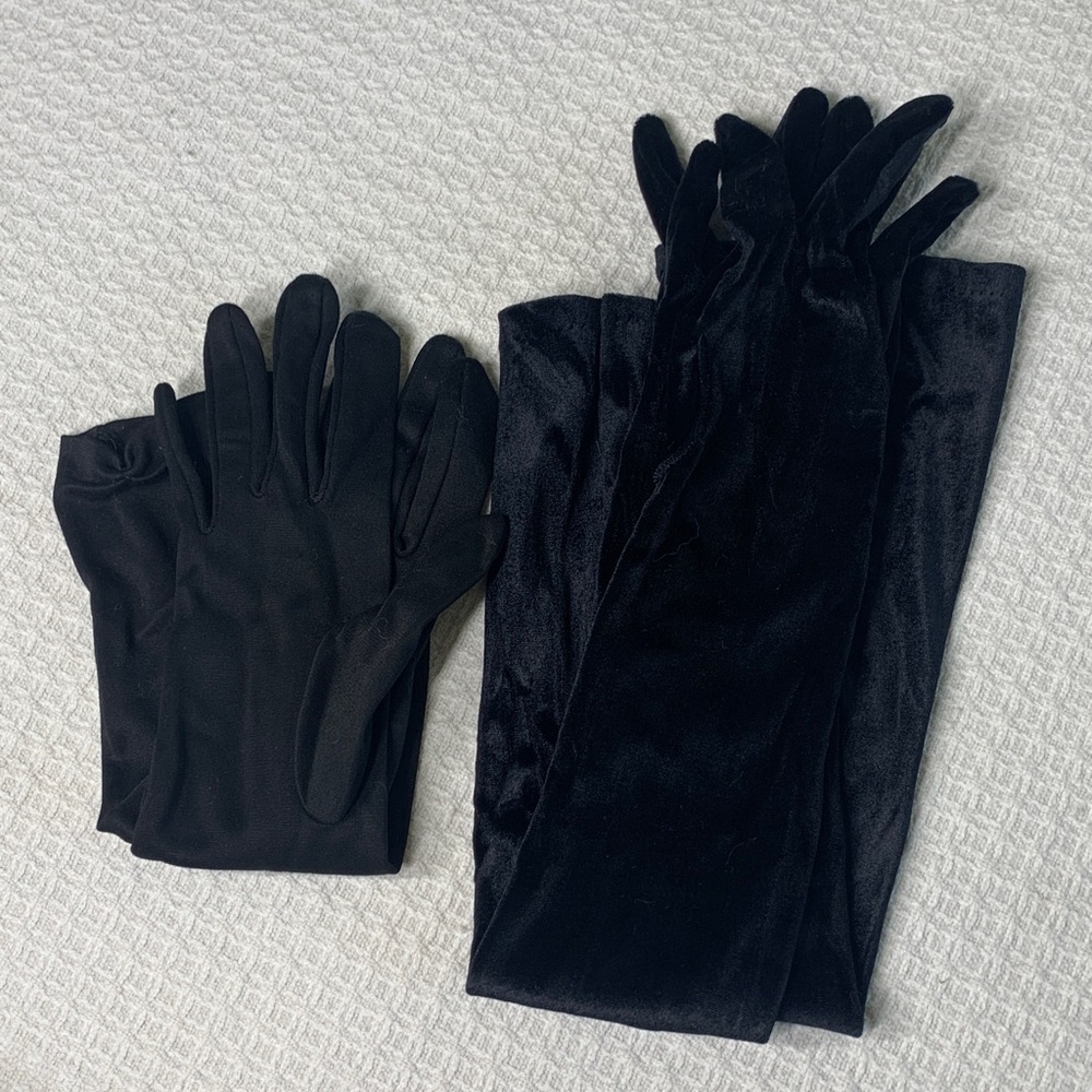 Two pair formal gloves- velvet above elbow and non velvet forearm length
